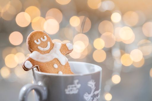 Gingerbread cookies inside a mug with decorations and holiday lights