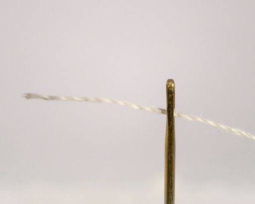 A macro shot of a white thread passing through the eye of a needle