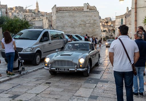 A closeup shot of Aston Martin DB5 on the set of the latest James Bond movie ''No time to die'' in Matera, Italy