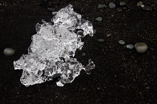 A view of chunks of glacial ice washed ashore at Diamond Beach, Iceland