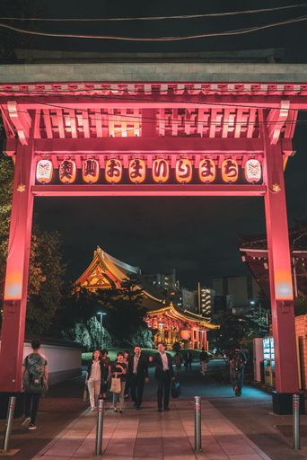 A vertical shot of people walking under a pink Shinto shrine in Tokyo, Japan during nighttime