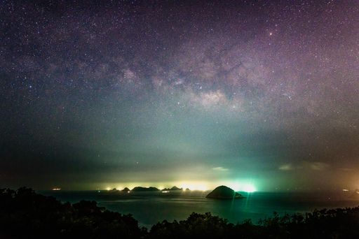A low angle shot of the breathtaking starry sky over the mountains and the water