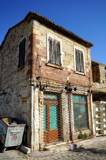 A low-angle shot of an old building