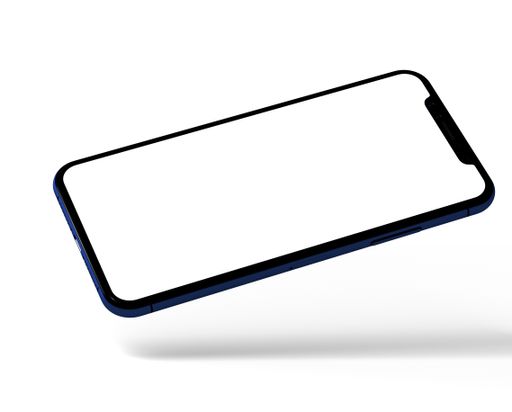A closeup shot of a smartphone with a plain white screen and a blue case