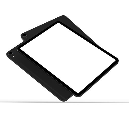 A closeup shot of tablets with a plain white screen and black cases on a white background