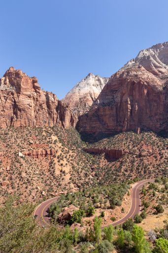 A vertical shot of Mount Carmel Highway in Zion National Park, Utah