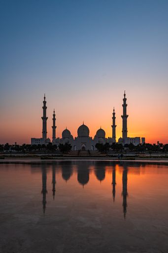 Sheikh Zayed Grand Mosque, Abu Dhabi at sunset as taken from Wahat AlKarama