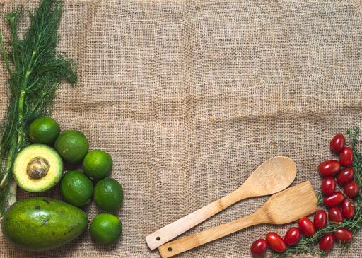 An overhead shot of lemon avocado Fennel thyme and tomatoes food composition for advertising