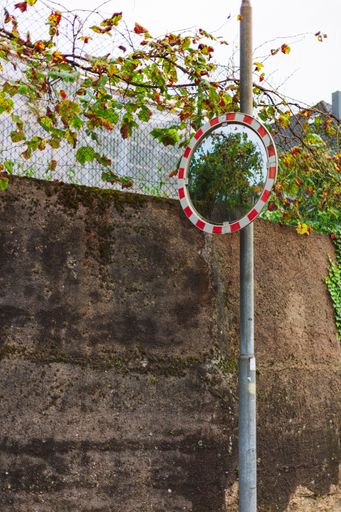 A vertical shot of a traffic mirror during daylight