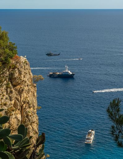 A scenic view of luxury yachts and a helicopter over the Mediterranean Sea near a rocky cliff, showcasing maritime leisure.