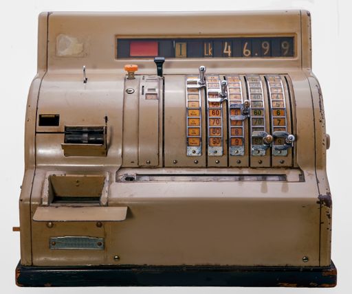 A closeup shot of old merchant cash register isolated on a white background