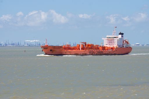Chemical Tanker Bow Platinum Departing Houston, Texas. Chemical Tanker navigating in Houston ship channel.