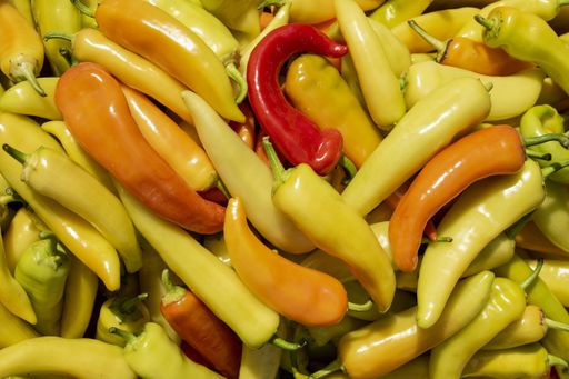 A high angle closeup shot of a pile of colorful small peppers
