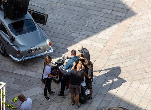 The Aston Martin DB5 cars prepared to shoot chase scenes from the movie "No Time to Die" in Italy