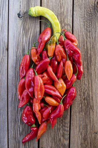 A vertical high angle shot of some pepper shaped like a bunch of grape on a wooden surface