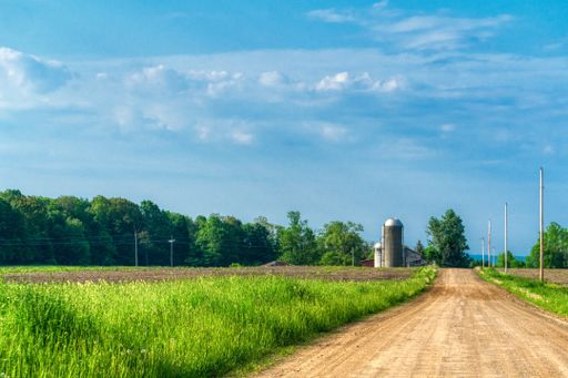 A beautiful shot of a countryside road with a grass field on the side and a water tower visible in the distance