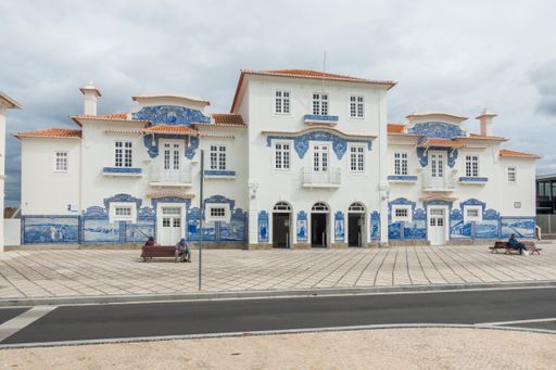 The old train station of Aveiro, decorated with azulejos, blue tiling depicting local scenes, Aveiro Portugal.