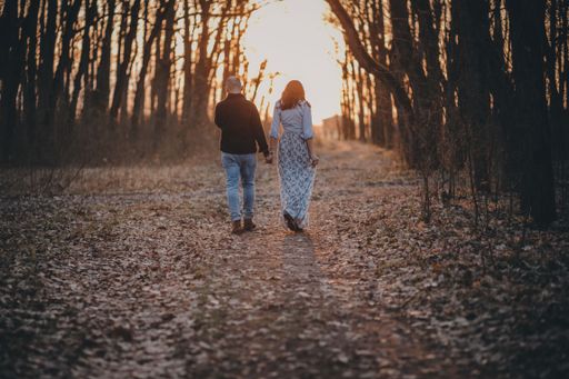 A back view of a romantic couple walking in the forest on a sunny day