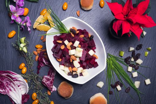 A top view of a fresh delicious gourmet vegetable salad - healthy food