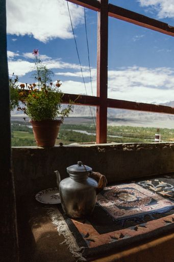 A vertical shot of a room interior with a beautiful view