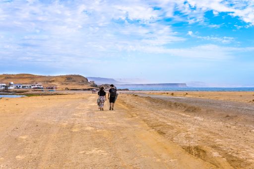 A closeup of a couple walking at the beach in an open space of the shore