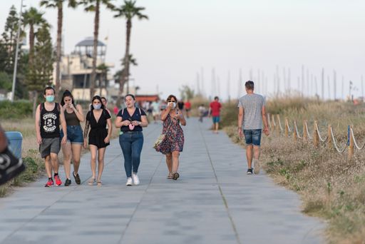 A shot of people walking on the coastline of Castelldefels in Barcelona, Spain in the summer after COVID 19 on June 2020