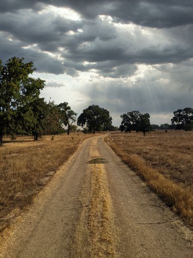 A rural road through the farmlands under the cloudy sky