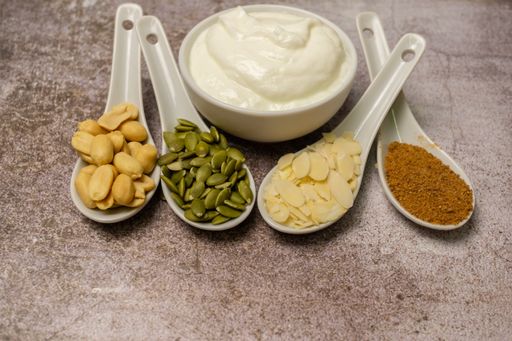 yogurt with nuts, almonds, peanuts and pumpkin seeds