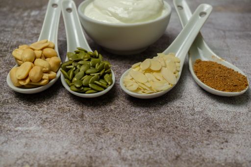 yogurt with nuts, almonds, peanuts and pumpkin seeds