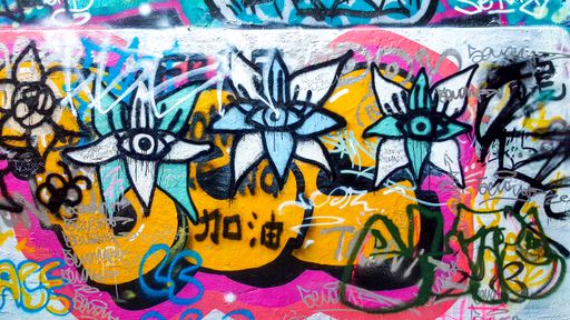 A "Flower Eyes" Colourful Street Art in Sydney Uni's Public Grafitti Tunnel in Sydney, Australia