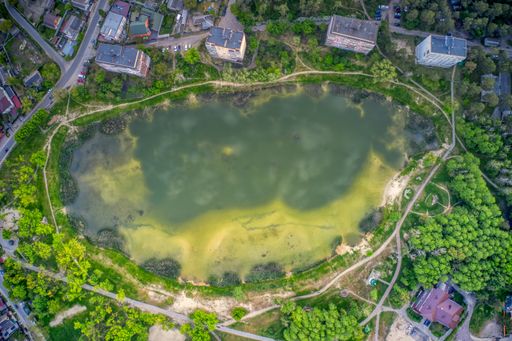 A top view of a beautiful field in a park on a sunny day