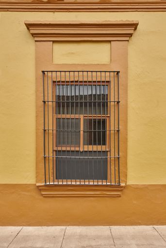 Mustard yellow facade window and antique wood door