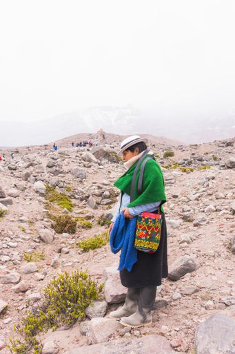 A vertical shot of the indigenous woman in the mountains. Ecuador, the Andes.