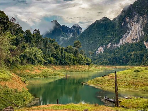 A shot of lake and forests with mountains in the background at Khao Sok national park in Thailand
