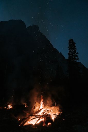 A vertical shot of fire burning near trees during nighttime