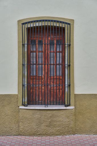 Rustic green facade with an old wooden town window