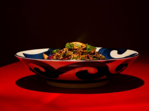 A closeup shot of an Asian chicken salad