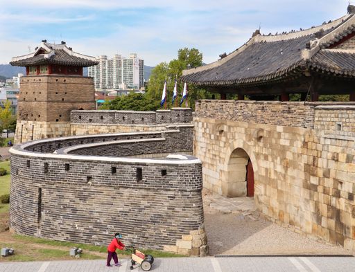 A woman walks with a cart near the historic Hwaseong Fortress in Suwon, South Korea, with modern buildings in the background.