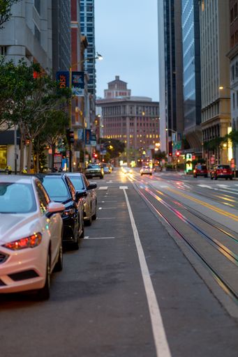 A vertical shot of an empty street in San Francisco, CA in the early morning