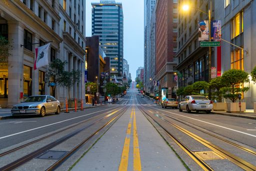 A vertical shot of an empty street in San Francisco, CA in the early morning