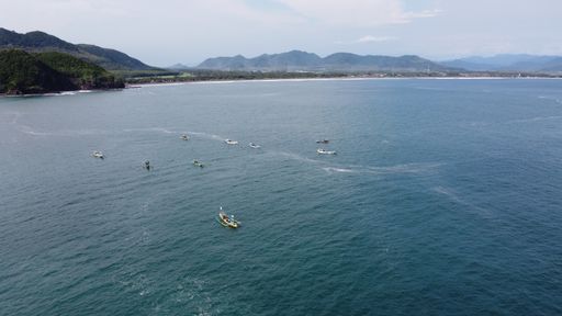 An aerial view of Papuma white sandy beach with boats on the blue and clean sea