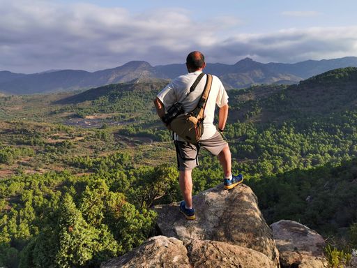 A middle-aged man stands on a rock, overlooking a lush green valley and distant mountains under a cloudy sky.