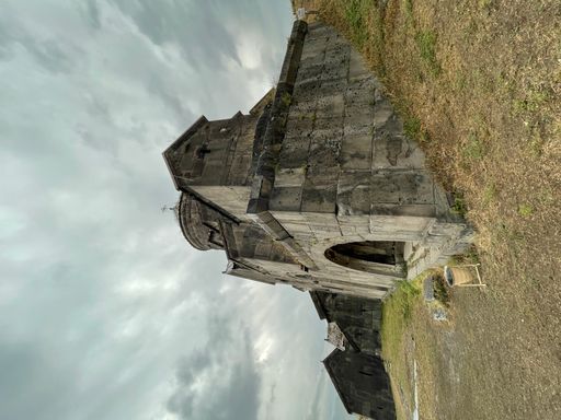 A vertical shot of the Sanahin Monastery under a cloudy sky in Lori, Armenia