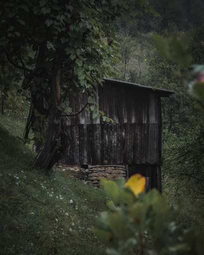 A vertical shot of a countryside, wooden house surrounded by hills and trees