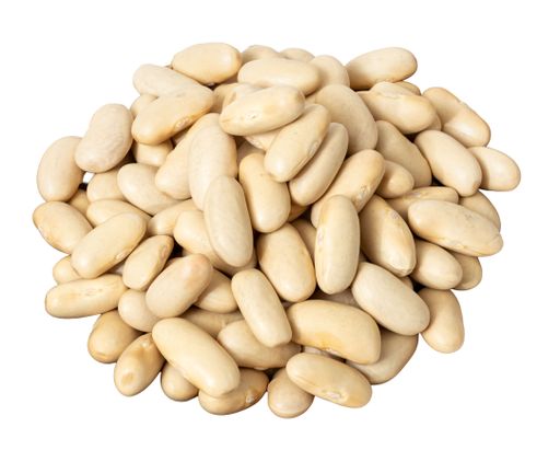 Pile of raw cannellini beans isolated on white background.