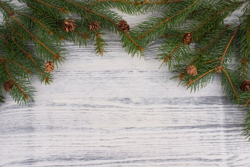 Christmas backdrop with branches of fir, empty copy space in the middle, wooden background