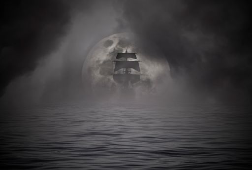 A shallow focus grayscale of a ship swimming in the water on the background of the moon