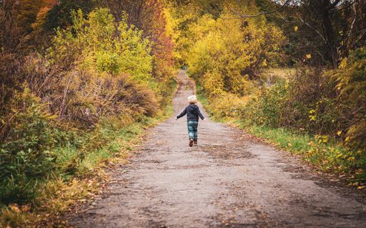 A selective focus shot of child running on a pathway in the middle of trees