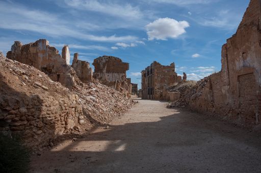 The abandoned shattered buildings in the old city of Belchite in Spain