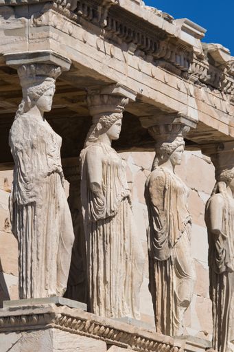 Caryatids, beautiful girls of classical Athens at the top of the Acropolis. Erechtheion, Athens, Greece